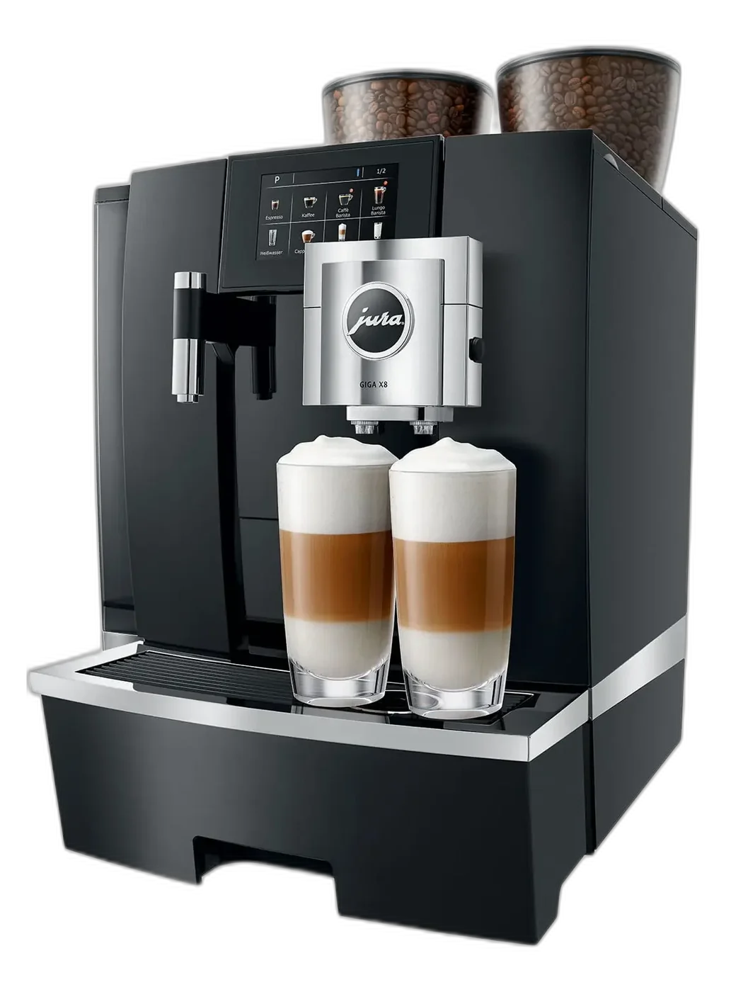 Machine à café JURA GIGA X8 préparant deux latte macchiato