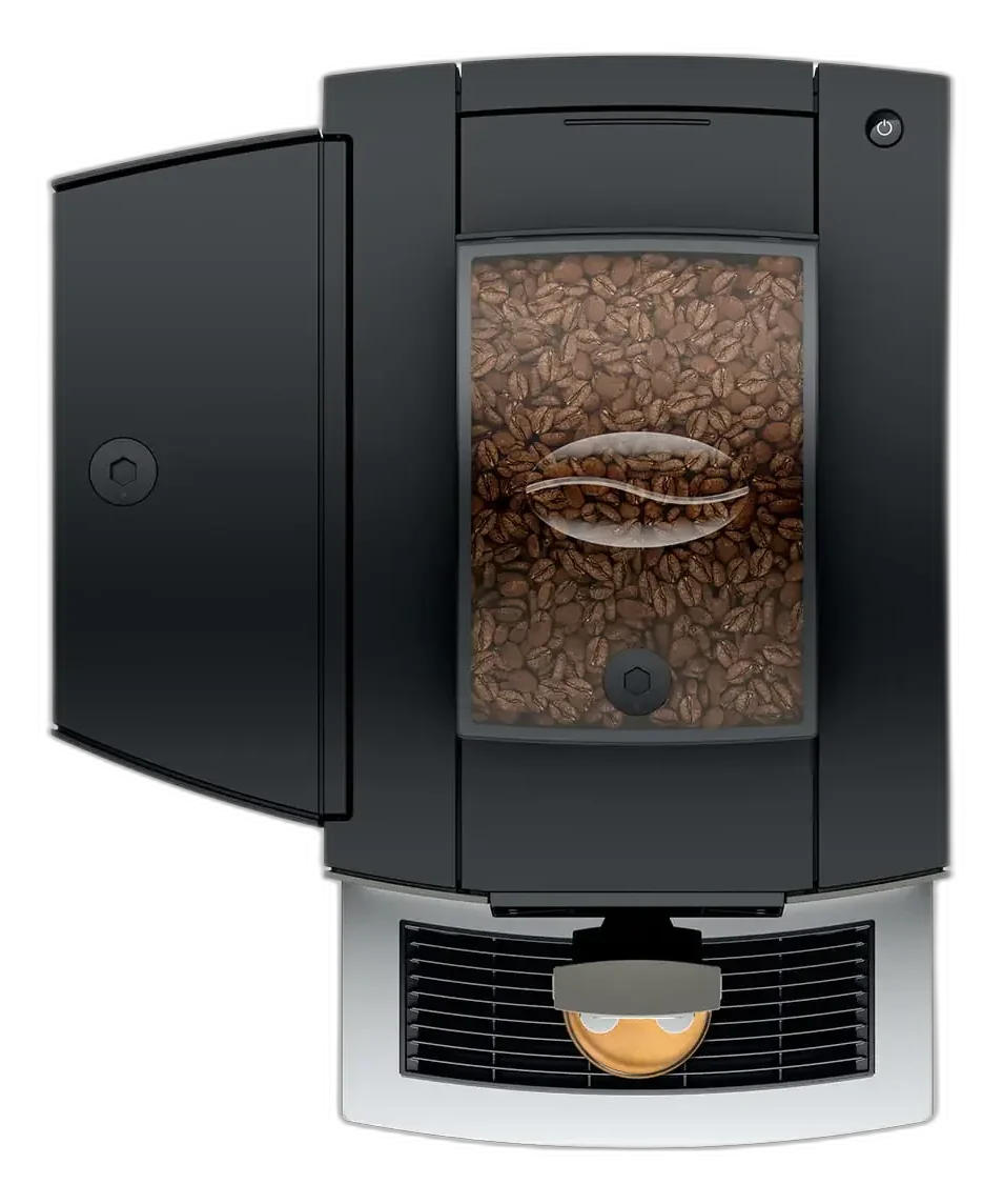 Machine à café professionnelle JURA X4 et son bac à grains vus de dessus
